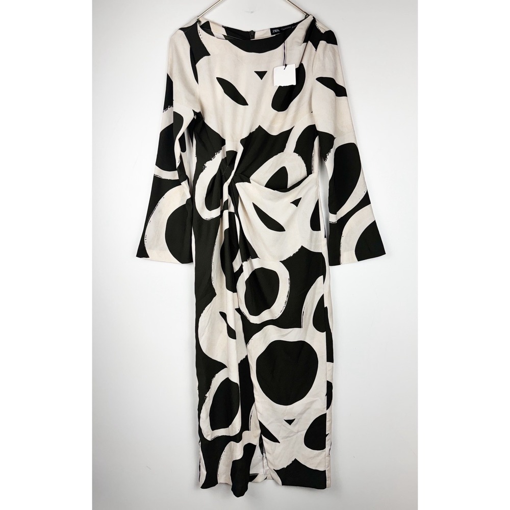 Zara New Printed Midi Dress Small Black Cream Abstract Art Long Sleeve Ruched
